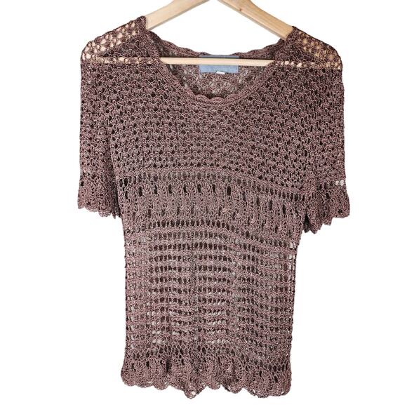 CAROL ANDERSON CALIFORNIA Brown Crochet Short Sleeve Stretch Top SZ M - Picture 1 of 8